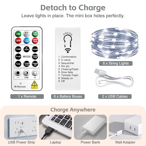Image of 6 Pack Rechargeable Fairy Lights,7ft 20LEDs, Remote & DIY Timer | Dimmable Silver Wire, Mini Twinkle Lights, For Mason Jar, Indoor Christmas Bedroom Wedding Decor, White
