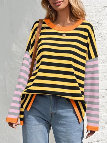 Image of Saodimallsu Womens Striped Oversized Sweaters Color Block Crew Neck Long Sleeve Loose Knit Pullover Sweater