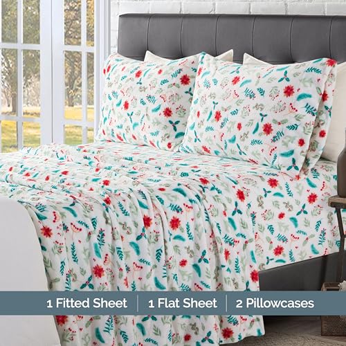 Elegant Comfort Luxuriously Soft 4-Piece Holiday Velvet Plush Flannel Sheet Set - Premium Quality - Cozy Warm, Christmas Fuzzy Velvet Flannel Fleece Deep Pocket Sheet Set - Twin, Winter Bloom