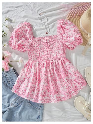Girl's Floral Puff Sleeve Smocked Blouses Shirts Sweetheart Neck Babydoll Peplum Top2