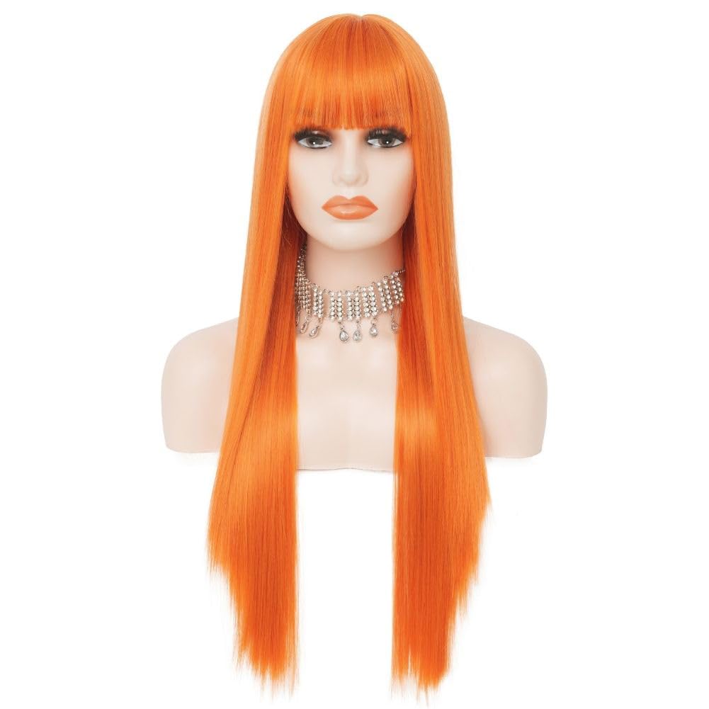 Siudus Orange Long Straight Wig with Bangs Womens Synthetic 28 Inch Natural Hair Wig for Cosplay Daily Use (Orange) - Image 3