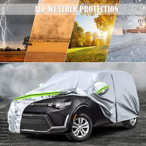 Image of Waterproof Car Covers Replace for 2009-2025 Kia Soul, 6 Layers Silver All Weather Custom-fit Car Cover with Zipper Door & Windproof Bands for Snow Rain Dust Hail Protection