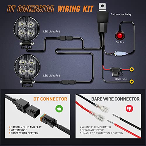 Image of Nilight 2 PCS 3 Inch LED Pods Round 1500LM Built-in EMC Work Light 90 Flood Beam Angle Offroad Side Lights w / 16AWG DT Wiring Kit for Tractor Truck Boat ATV UTV