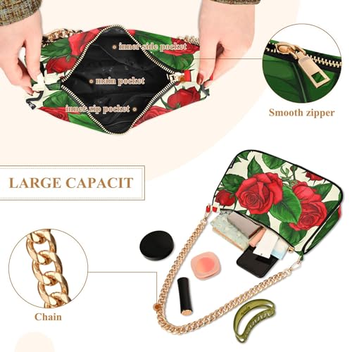 Vintage Red Roses Green Floral Beige Hobo Purse Bags Women Tote Handbag Printed Print Shoulder Purses Zipper Closure4