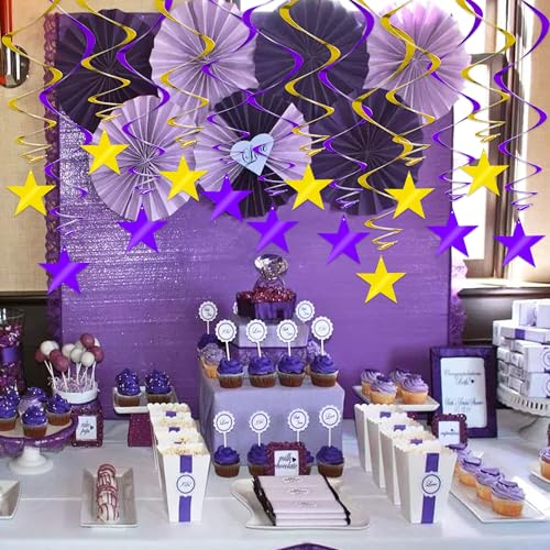 Image of BEISHIDA Purple Gold Star Hanging Swirl Decorations, Birthday Hanging Party Supplies for Wedding Baby Shower Birthday Congrats Grade 2026 Graduation Decorations,Pack of 15