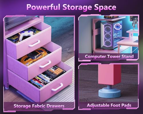 Image of AODK 59 Inch Gaming Desk with USB Charging Ports & LED Light- Reversible Computer Desk with Storage Shelves & Monitor Stand, Modern Gamer Desk Table with Fabric Drawers, Pink