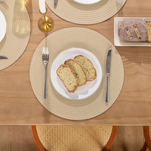 Image of SHACOS 15 inch Round Braided Placemats Set of 6 Cotton Polyester Heat Resistant Table Mats Washable Place Mats for Dinner Party Table Decoration (Light Beige, 6)