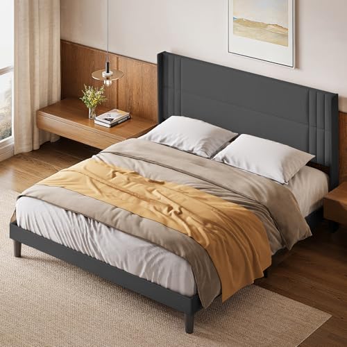Gizoon King Size Bed Frame, Wingback Upholstered Platform Bed with Steel Frame, Wooden Slats, Noise-Free, No Box Spring Needed King Dark Grey