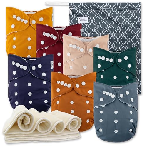 Image of Nora's Nursery Cloth Diapers 7 Pack with 7 Inserts & 1 Wet Bag - Waterproof Cover, Washable, Reusable & One Size Adjustable Pocket Diapers for Newborns and Toddlers-Pacific Neutrals