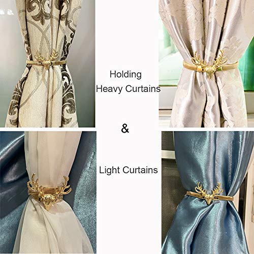 Curtain Tieback Decorative Curtains Holdback 2 Pieces Metal Deer Elastic Strap Drape Buckle Window Draperies Holder without Wall Mounted Accessories for Home and Office Window Treatment – Gold