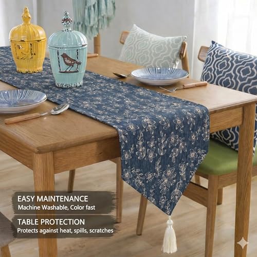 Image of STITCHNEST Woven Table Runner 13x72 Inches | Blue Floral Design | Tassel Finish | Modern Dining Table Decor
