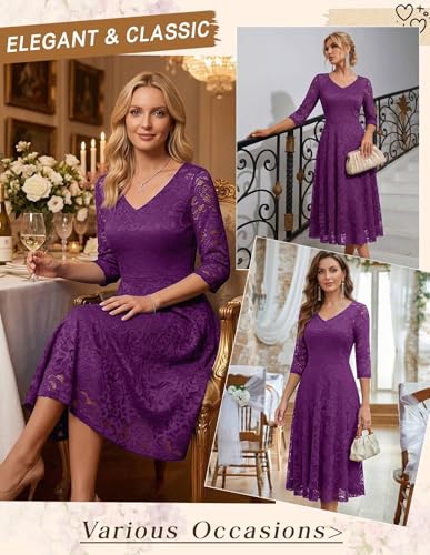 Image of Dressystar Womens Long-Sleeve Wedding Guest Dress A-Line Lace Formal Party Cocktail Midi Dress Prom Gown