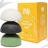 Atlantis People - Large Konjac Face Sponge Set, Natural Facial Sponges - for Daily Face Cleansing and Gentle Exfoliation - with Konjac Roots, Bamboo Charcoal and Aloe Vera, 3pcs.