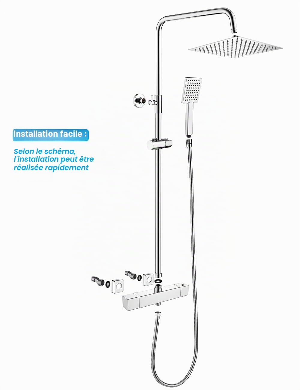 Colonne de Douche Thermostatique avec Mitigeur, Ensemble de Douche | Carrée Système de Douche avec Pommeau de Douche | ABS Douche à Main | Réglable en Hauteur | Chromé