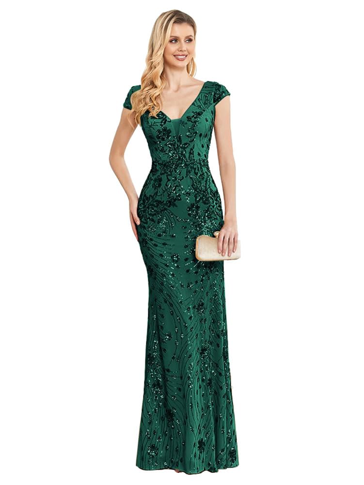 Womens Sequined Long Evening Gown Glamous Sleeveless V-Neck Mermaid Prom Dress for Wedding Party Club Occasions