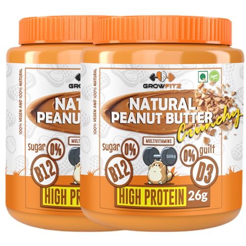 Image of Growfitz Natural Peanut Butter Crunchy | Vegan | Unsweetened | High Protein + Vit B12 + D3 & Calcium | Boost Muscles, Brain & Bones | 100% Pure, Non-GMO, Gluten-Free, Cholesterol-Free (Natural Crunchy - Set 2)