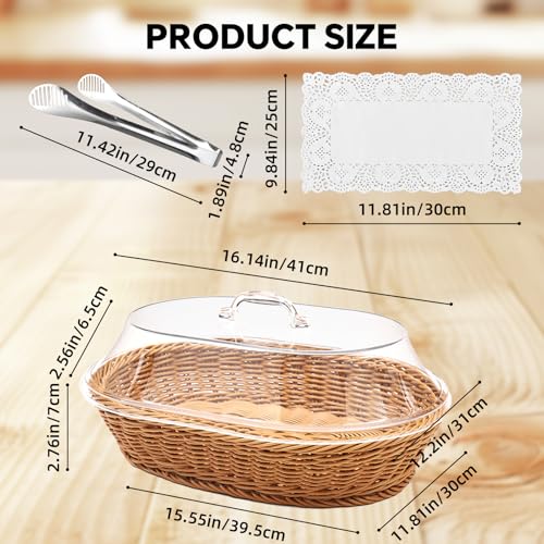 Rattan Bread Baskets, 2 Pack, Oval Woven Baskets with Acrylic Lids, 15.75 x 11.81 inches, Stainless Steel Tongs, Lace Doilies, for Bread, Fruit, Food Display