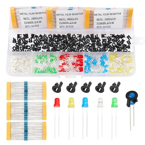 Lyeteung 450 Piezas 3mm LED Diodo Emisor con Resistor & Soporte de Plástico del Diodo, 2 Pin Diode Emisor de Luz con Lente de Color Difuso, LED Diode Cabeza Redonda, Blanco/Rojo/Amarillo/Verde/Azul