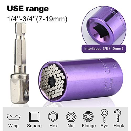Huazhichun Universal Socket,Adapter Socket For Wrench Ratchet & Power Drill,Portable Hand Gadget Gifts For Men And Women,Self-Adjusting Multifunctional Sockets,Purple Shell (7-19Mm) #TOP2
