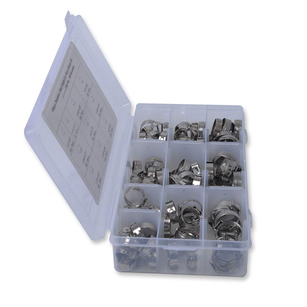 FSFY 100 Pcs Over 15.3MM Stainless Steel Single Ear Hose Clamp Stepless Hose Clamps Assortment Kit