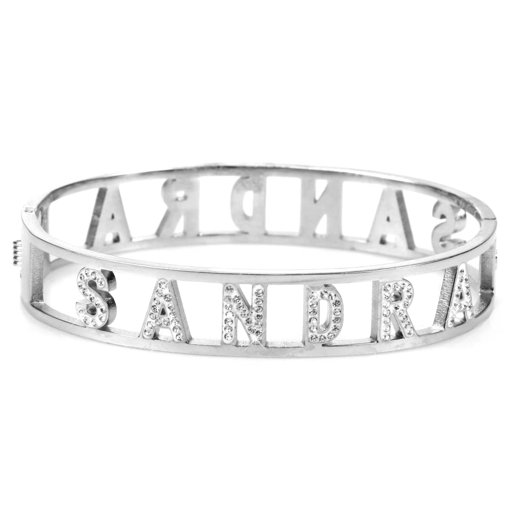 Flowers Bracciale Rigido Acciaio con Nome Vari e Zirconcini Sacchettino in tessuto Scritta nome ricoperta di strass Brillantissimi Bracciale a Manetta Donna Chiusura a molla Idea Regalo