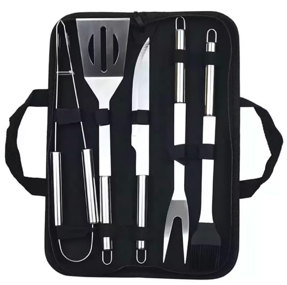 Luxury Harbor - BBQ Set 5 pcs Indoor & Outdoor Essentials - Knife, Spatula, Fork, Slicer, Tong - Stainless Steel - Standard Sized - Hiking, Camping, Kitchen