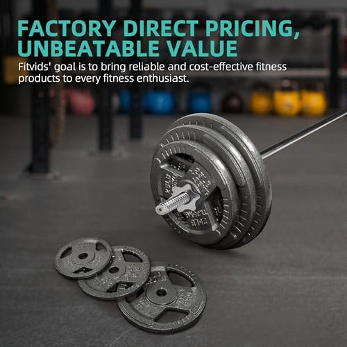 Image of Fitvids 1 Inch Standard Barbell Weight Plates and Bar Set, 5 FT Barbell Bar and 85 LB(2.5-25 LB) Barbell Weight Set for Home Gym Strength Training, Triple-handle Design
