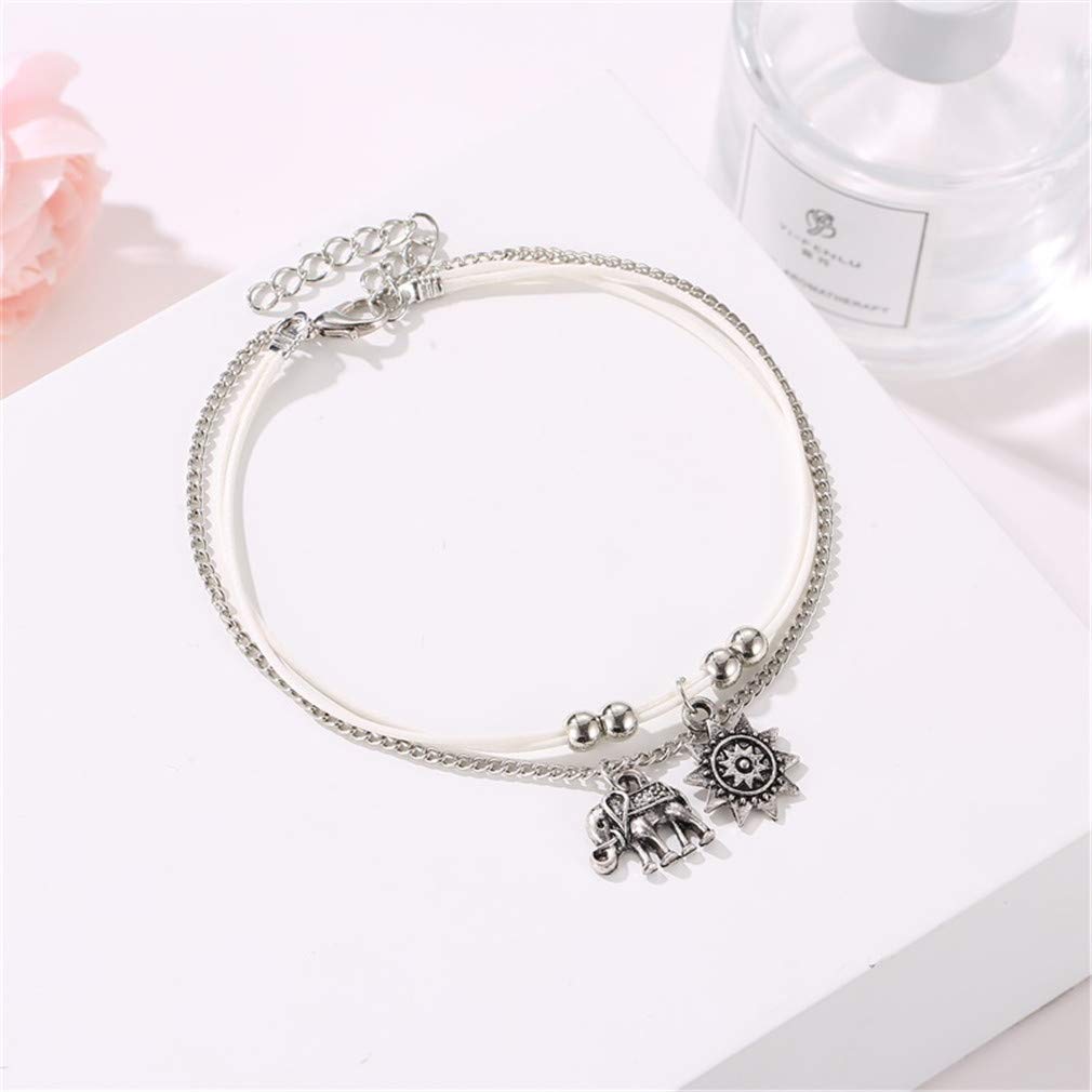 Cavigliera Unisex,Retro Cavigliera Bracciale con Elefante Girasole Perline Catena del Piede Doppi Strati Gioielli Estivi da Spiaggia Regolabili Confortevole ed Ecologico