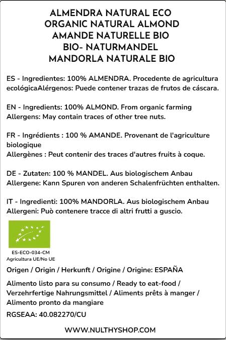 NULTHY 500g - Almendra Natural con Piel BIO, Frutos Secos Crudos, Cultivo Ecológico, Origen España