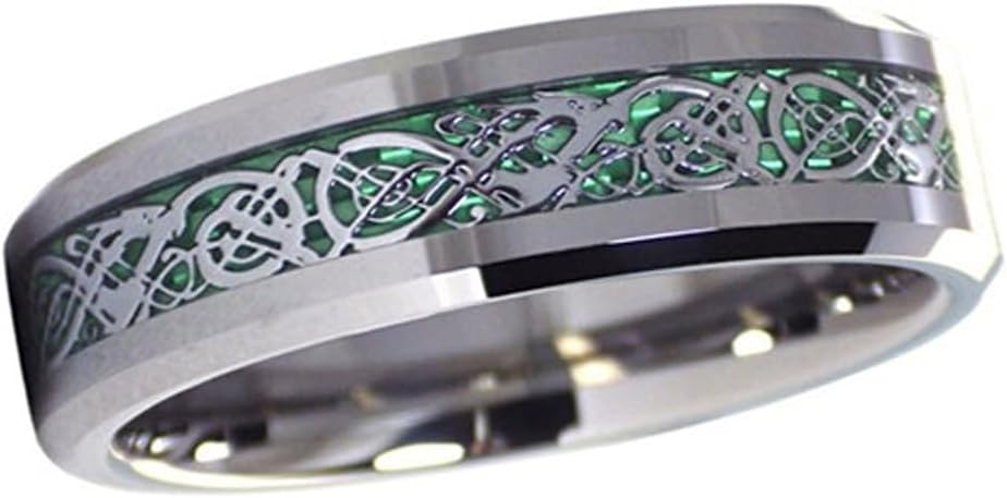 (6mm) Unisex or Women's Silver Tungsten Carbide Wedding Ring Band. Celtic Knot Black Resin Inlay Silver and Bright Green Ring.