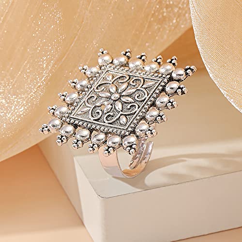 Boho Vintage Square Flower Statement Ring for Women Girls White Gold Plated Engrave Flowers Geometric Rings Comfort Fit Dainty Birthday Christmas Party Jewelry Size 6-84