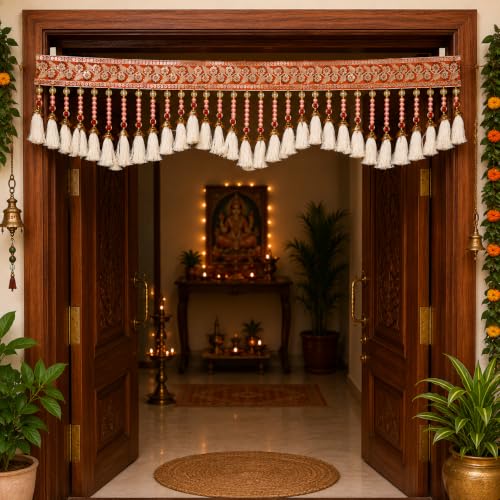 Image of ONESTA Traditional Embroidered Door Toran for Main Door | Decorative Bandhanwar with Tassels & Bells | Handmade Home Entrance Hanging | Festive Diwali Pooja Decor | Cream & Gold 3 Feet (Size 36 Inch Pack 01)