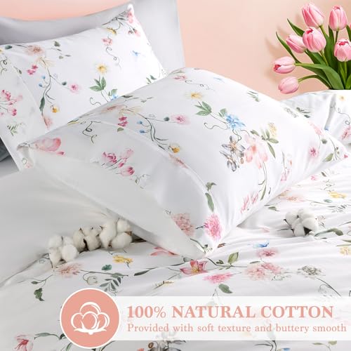Shilucheng 100% Cotton Floral Duvet Cover Queen Size - 600 Thread Count, Breathable & Cooling Comforter Cover with Zipper Closure,Hotel Bedding Duvet Covers 3 Piece (Jacaranda & Pink)