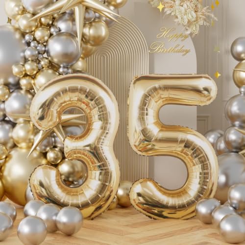 Image of AULE 40 Inch Large 35 Balloon Numbers Light Gold, Big Foil Number Balloons, Giant Helium 53 Happy Birthday Party Decorations for Man and Women, Huge Mylar Anniversary Party Supplies