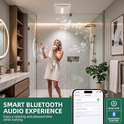 Ventilador de extracción para baño Akicon de 80 CFM y 0.7 sones con luz LED de 3 temperaturas de color (3000K/4000K/5000K), regulable, con Bluetooth, montaje en techo, blanco, certificado ENERGY STAR miniatura 3