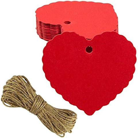 EDGEAM 100PCS Kraft Paper Gift Tags Heart Shape Card with Jute Twine for Christmas Wedding Birthday Party Decor (Red, 100Pcs) Cover
