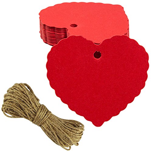 EDGEAM 100er Kraft Papier Geschenk Anhänger Etikette mit Jute Schnur f. Weihnachten Hochzeit Geburtstag Party Decor (Rot)