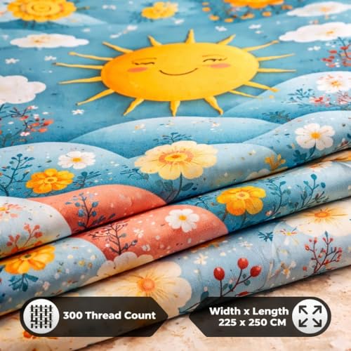 Image of Akshya Premium 300 TC Glace Cotton King Size Bedsheet, 7D Luxury Digital Print Soft Flat Sheet for Double Bed (90x100 inch, Blue Sunflower Cartoon Print