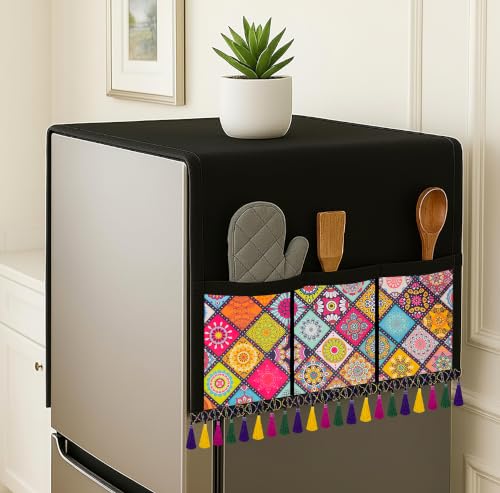 Image of Refrigerator Single Door Waterproof, Dustproof, Tassel Lace Refrigerator Top Cover, Protective Cover for Fridges with Extra Storage Space Nylon Top cover with 6 Storage Pockets ( Multi, 130 x 54 cm )