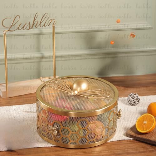 Image of LUSHLIN Metal Fruit Basket with Lid for Kitchen & Dining Table | Insect Proof Mesh Fruit & Vegetable Basket | Countertop Storage Basket for Fruits, Vegetables & Snacks (Gold, 28.5 cm)