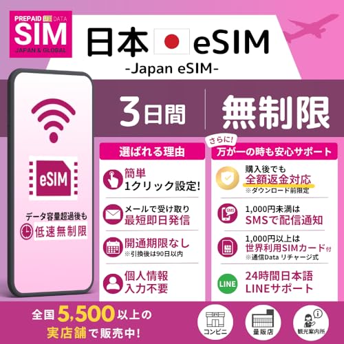 [ ���{ eSIM ] �����f�[�^������ (FUP����)�b�I�����C���ŒZ�������s (���[�����)�b�����I���b�����pOK �b���S24���ԓ��{��T�|�[�g (3days_������)