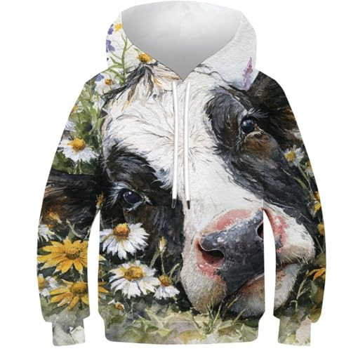 Sweat à capuche original motif vache fleurs sauvages idée cadeau ado 13-15 ans