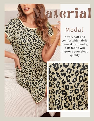 Image of Ekouaer Womens Nightgown Sleep Shirt Dress Satin Patchwork Short Sleeve Sleepwear with Pocket