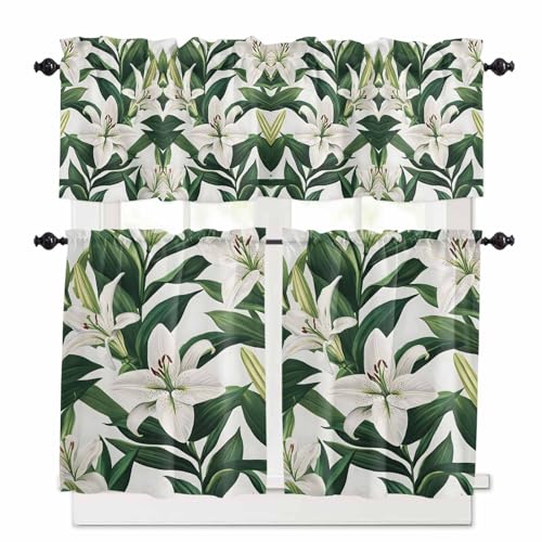 Kitchen Curtains and Valances Set, Watercolor Flower Rod Pocket Curtains Tier Farmhouse Window Treatment 36 Inch Length, Farm Lily Floral Botanicals Plant 3 Piece Kitchen Curtain Set