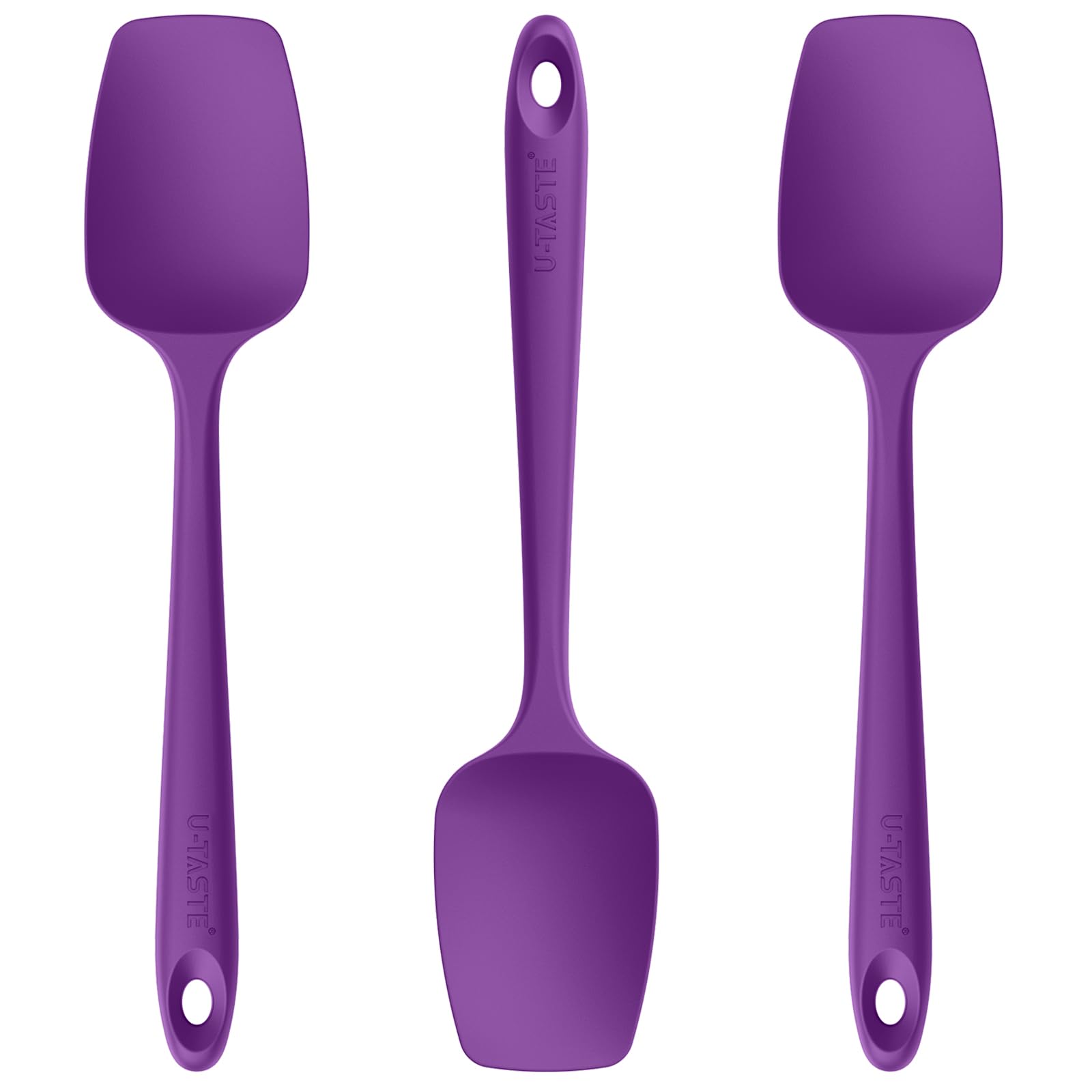 U-Taste Silicone Cooking Spoon Spatula: 480ºF Heat Resistant BPA-Free Flexible Rubber Spoonula, Nonstick Mixing Scooping Kitchen Baking Scraper Utensils Set of 3 for Pan, Pot, Bowl (Purple)