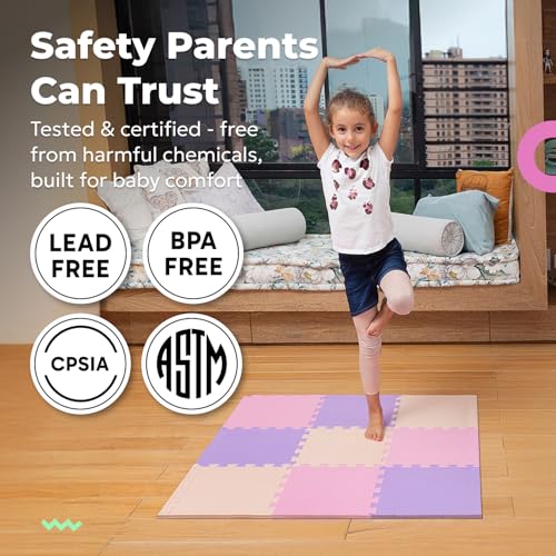 Image of MioTetto Soft Non-Toxic Baby Play Mat | Colourful Puzzle Play Mat | Foam Floor Mats with 16+2 Bonus Squares for Kids | Interlocking EVA Foam Tiles, Pink Purple Beige, 16