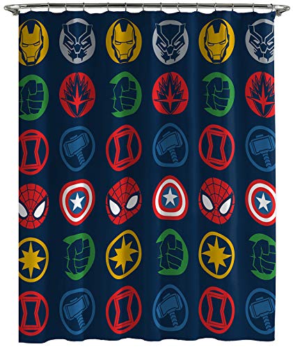 Jay Franco Marvel Avengers Shields Shower Curtain & Easy Care Fabric Kids Bath Curtain Features Captain America, Iron Man, Thor, & Spiderman (Official Marvel...