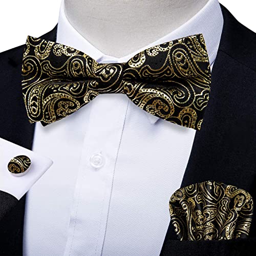 Image of DiBanGu Paisley Pre-Tied Bow Ties for Men Silk Adjustable Bowtie and Pocket Square Cufflinks for Wedding Party