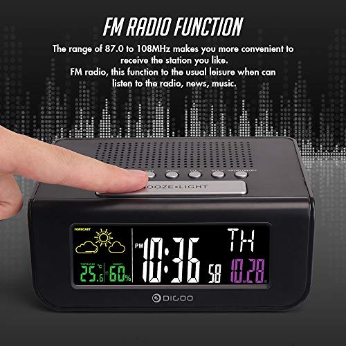 BAYUE Digoo DG-FR100 Color inalámbrica Radio FM Reloj Digital Dual-Snooze Reloj Despertador Previsión meteorológica de Humedad Temperatura del Calendario