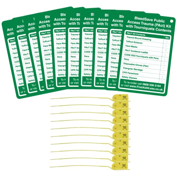 BLEEDSAVE Public Access Trauma Kit Inspection Tag Pack (Tourniquet) – Tags + Tamper Ties | Pact Kit Tourniquet Checklist | 130×85 mm (10 Pack)